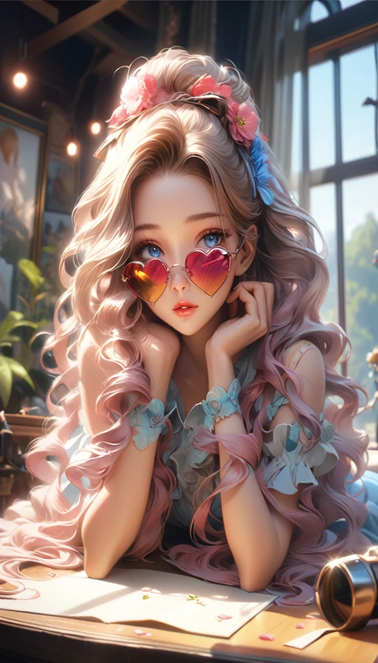 a blue eyes、Blonde girl wearing heart-shaped sunglasses looking out the window, Lovely and detailed digital art, Detailed digital anime art, 16K Highly Detailed Digital Art, Cute numbers, Gervize-style artwork, Beautiful digital art, return. Anime Illustrations, return on artstation pixiv, return portrait, 16K Fine Digital Art