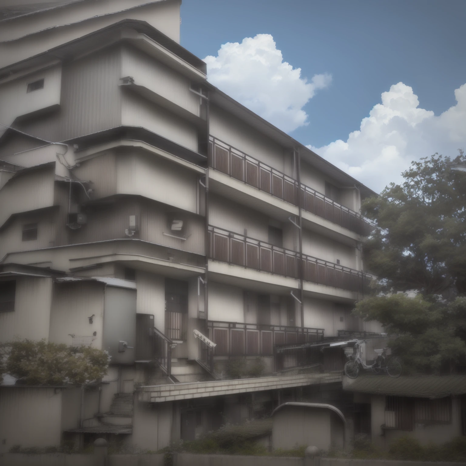 noon,Anime background-like illustration,Line art,Dark all over,White building with balcony and bicycle parked in front of it,Japanese high schools, Residential Street,Entire building,Japanese Apartment, Shootings in the early 2020s, Center image, exterior, Full Device, building facing, Yoshihisa, front, single building, White Building, Concrete house, iwakura, my house