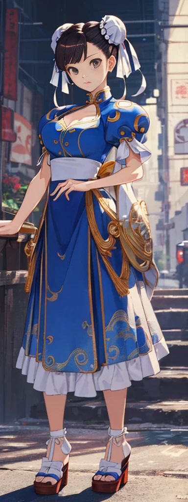 chun-li,((masterpiece)), ((best quality)), ((ultra detailed)), ((kawaii)), cute, (lovely), ((extremely detailed)), ((8K)), (beautiful),flat breast, tiny breast,full body