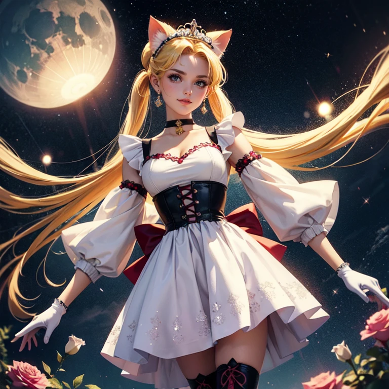 1girl, black maid dress, jewelry, blonde hair, flowing hair, long hair, twintails, white maid dress with a short skirt and layers, red laces, red boots, white dress with transparency, gold details on her clothes, cat ears, animal ears,  more details, perfectly body, perfectly hands, two hands, two legs, two arms, five fingers, glowing hair, best quality, tiara, cat ears, tail ornament, tail bow, white gloves, two cat tail, alone, maid headdress, choker, detached sleeves, maid dress, maid white dress, strapless, masterpeice, best quality, detailed face, night, asymmetrical gloves, bangs, white short skirt, earrings, elbow gloves, fishnet thighhighs, fishmasterpeice, solo, best quality, detailed face, gloves, hair between eyes, jewelry, looking at viewer, single earring, sky, sleeveless, solo, thigh boots, thighhighs, tongue, tongue out, uneven gloves, solo, alone, Looking at the viewer, More details on the clothes, magenta roses on her hair, space scenery, maid, maid dress, magenta details, magenta roses, maid headdress, maid apron, wave hair, seat on the Saturn rings, more details on her clothes, gold details on her clothes, space, smiling, standing her hand to a viewer, looking at the viewer, in the background a several asteroids glowing with fiery auras, Dramatic lighting from distant stars and planets illuminates the scene, looking at the vast and mysterious universe, cowboy shot, upper body portrait, more details, sparkle,