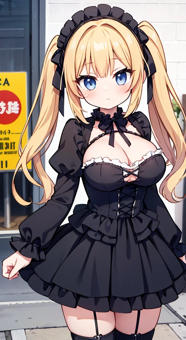 masterpiece, Highest quality, (anime screencap:1.3),(shape), cute,(Simple:1), (anime:1.2),Solo Sharp Focus, 1 Girl, Cleavage,Looking at the audience, Japan,Akihabara,In town,Golden Hair,((mini skirt)),Are standing, Twin tails,summer ,((Black Gothic Costume)),Red ribbon,in the  gothic,,Black ta Fashion,Gothic Bonnet,Hair Ribbon,Cowboy Shot,Daytime,,,Large Breasts,,（Absolute Region 1.1),（Braided boots 1.1),Browsing Caution,