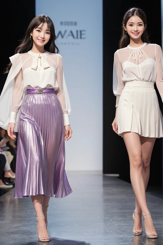 Amazingly large eyes、Smiling expression with white teeth visible、H cup bust、50cm waist、Slender and fair-skinned、Japan woman with long hair、20-year-old、Slim figure、Wearing a pleated skirt and a sheer lace blouse that flutters in the vivid breeze、Wearing high heels。On the runway at a fashion show、Her whole body was shown, from her high heels to her head, as she walked towards the viewer.、Bright, photo-quality images。
