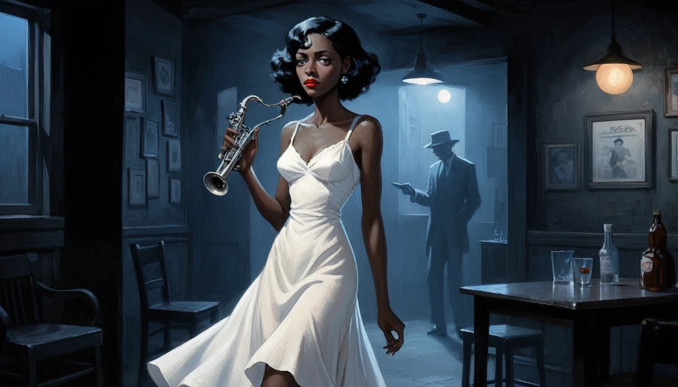 robert johnson, gritty, alabama bar, blue note, charismatic , white dress, illustration, noir fantasy, lone spanish lady, sad ending, saxophonist