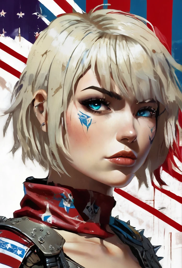 ((((close-up profile alone:1.5)))), (((adult body))), (((1 girl alone:1.6))), Ultra-realistic CG K ,((premium、8k、32k、Masterpiece)), (superfine illustration)、hyper detailed and beautiful eyes:1.4, (super high resolution), ((( short hair bob ))), 25 year old cyberpunk gladiator with perfect body, Shoulder pads with metal spikes., Gladiadores in Brooklyn, (( short hair bob )), Torn rugby team t-shirt, wild urban style by Simon Bisley, short blonde hair, Metallic protection on the left arm with complex graphics....., Dark red with white stars and blue and white stripes., armor, Full of spikes and rivets., poison tattoo (((Image from the knee up))), short white blonde hair, In the background、 There is a wall with an intricate design painted by Shepard Fairey.....