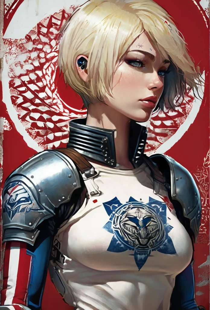 ((((close-up profile alone:1.5)))), (((adult body))), (((1 girl alone:1.6))), Ultra-realistic CG K ,((premium、8k、32k、Masterpiece)), (superfine illustration)、hyper detailed and beautiful eyes:1.4, (super high resolution), ((( short hair bob ))), 25 year old cyberpunk gladiator with perfect body, Shoulder pads with metal spikes., Gladiadores in Brooklyn, (( short hair bob )), Torn rugby team t-shirt, wild urban style by Simon Bisley, short blonde hair, Metallic protection on the left arm with complex graphics....., Dark red with white stars and blue and white stripes., armor, Full of spikes and rivets., poison tattoo (((Image from the knee up))), short white blonde hair, In the background、 There is a wall with an intricate design painted by Shepard Fairey.....