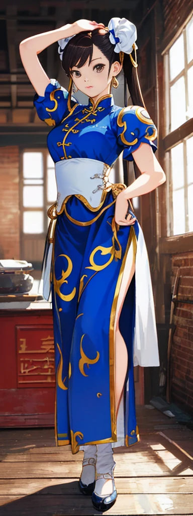 chun-li,((masterpiece)), ((best quality)), ((ultra detailed)), ((kawaii)), cute, (lovely), ((extremely detailed)), ((8K)), (beautiful),flat breast, tiny breast,full body