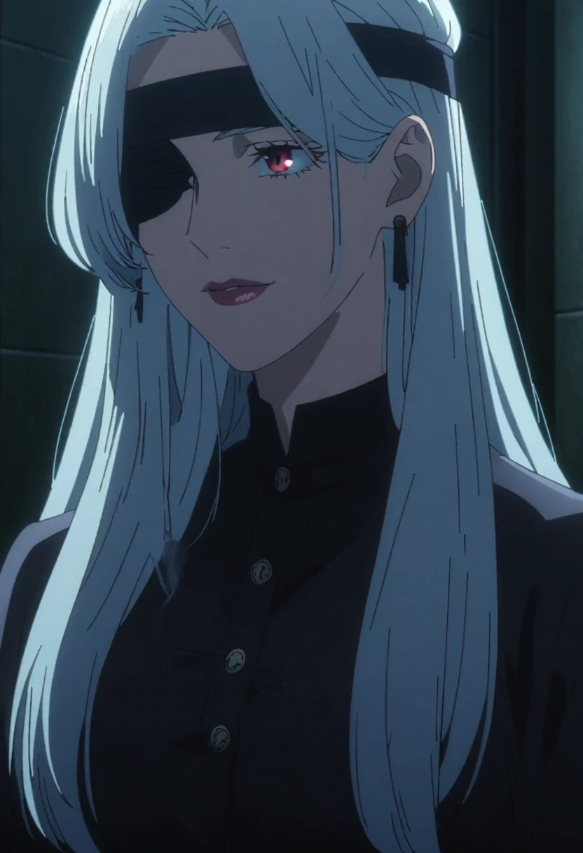 1girl, female gojo satoru, anime screencap from jujutsu kaisen, gojo satoru female version, solo, long_hair, (((Black blindfold))) ((Silver_hair)), night view, (hanging breasts) upper_body, smile, indoors, book, green_eyes, lips, (parted bangs) ((wearing black colour outfit with button)) breast, "very detailed and high resolution" (Red eyes) (cross arms)  ((long hair)) ((solo)) (front view) (earings) ((high resolution)) ((good quality)) ((side bangs)) ((silver hair))