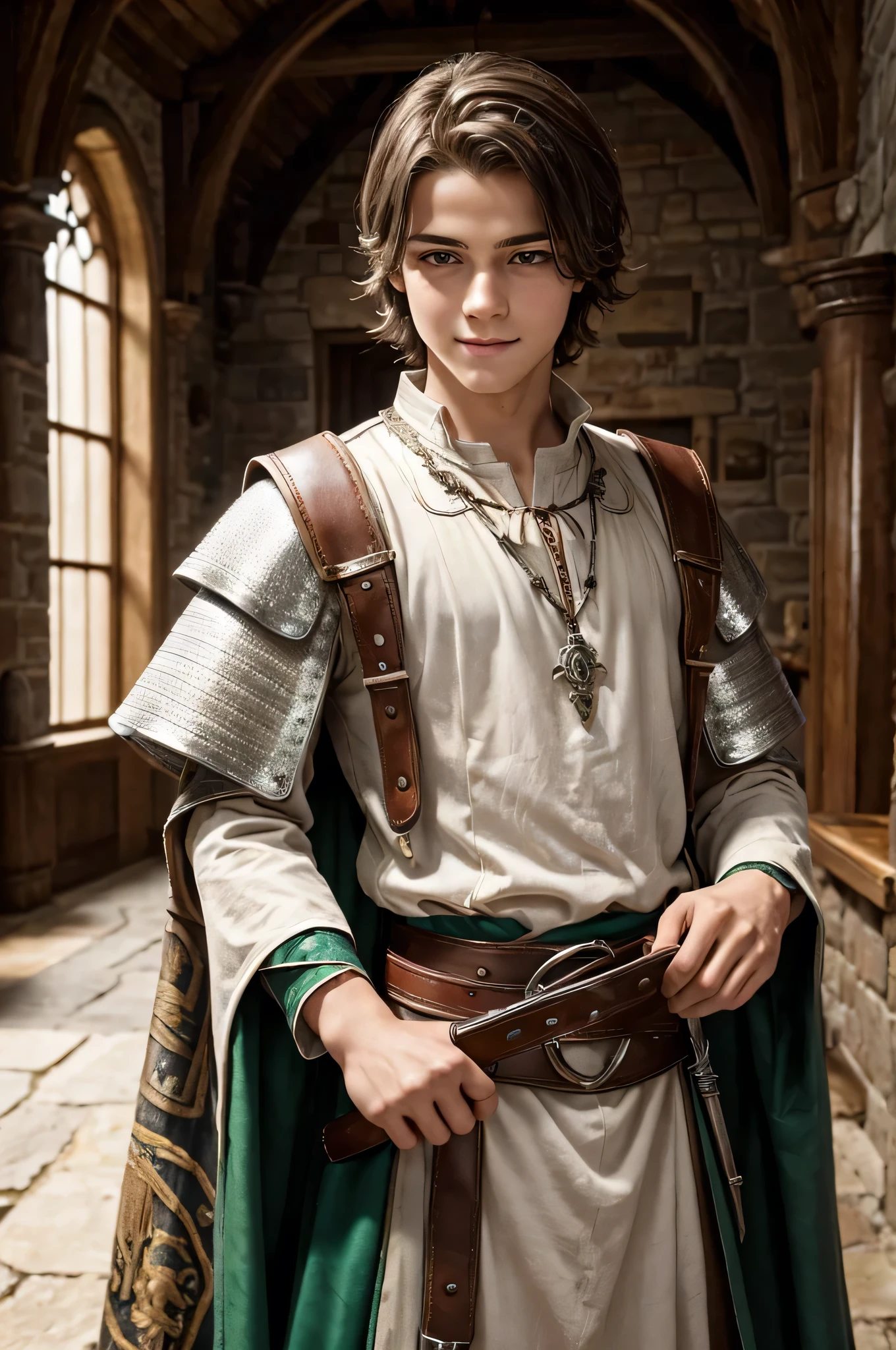 ((best quality)), ((masterpiece)), (detailed), ((normal anatomy)), beautiful eye detail, perfect face, high detail, charismatic, full body, realistic, cinematic lighting, defined body, super detail, high realism, a handsome young boy with shoulder length straight dark hair, slim build, medieval english fantasy theme, he has a bright innocent smile and large green eyes, he is wearing expensive medieval clothing and carries an elaborate silver rapier and dagger both sheathed on his leather belt, he is indoors in a medieval castle, 10 years old