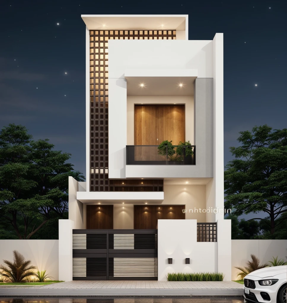 1 morden architect, KTH Detail - Shimering night sky, SHIMERING SKY:1.3, main material by white wall and wood, 1large yard, 1 road runs in front of the house, (RAW photo, real, best quality, masterpiece:1.2), look morden minimalist, 1 road in front of the house, dynamic lighting:1.3, (hyper realistic, photo-realistic:1.2), high quality, (dark lighting:1.2), perfect lighting, archdaily, no human