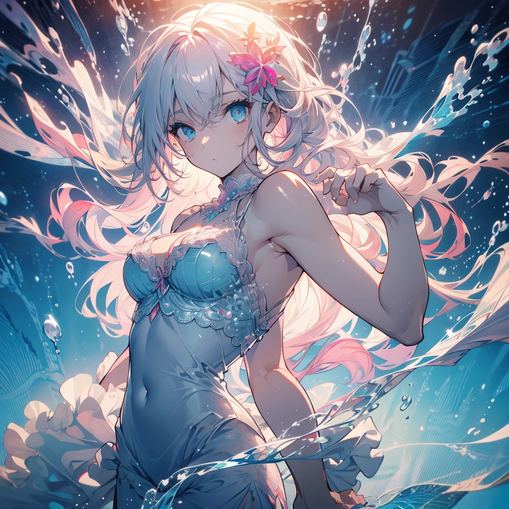 Top quality, masterpiece, watercolor style, female, Rainbow long hair,Rainbow Eyes, transparent feathers, Transparent tulle iridescent swimsuit that allows light to shine through, spectacular splashes of water, sea of ​​galaxies, sea of ​​stars, arms spread out running pose, smile