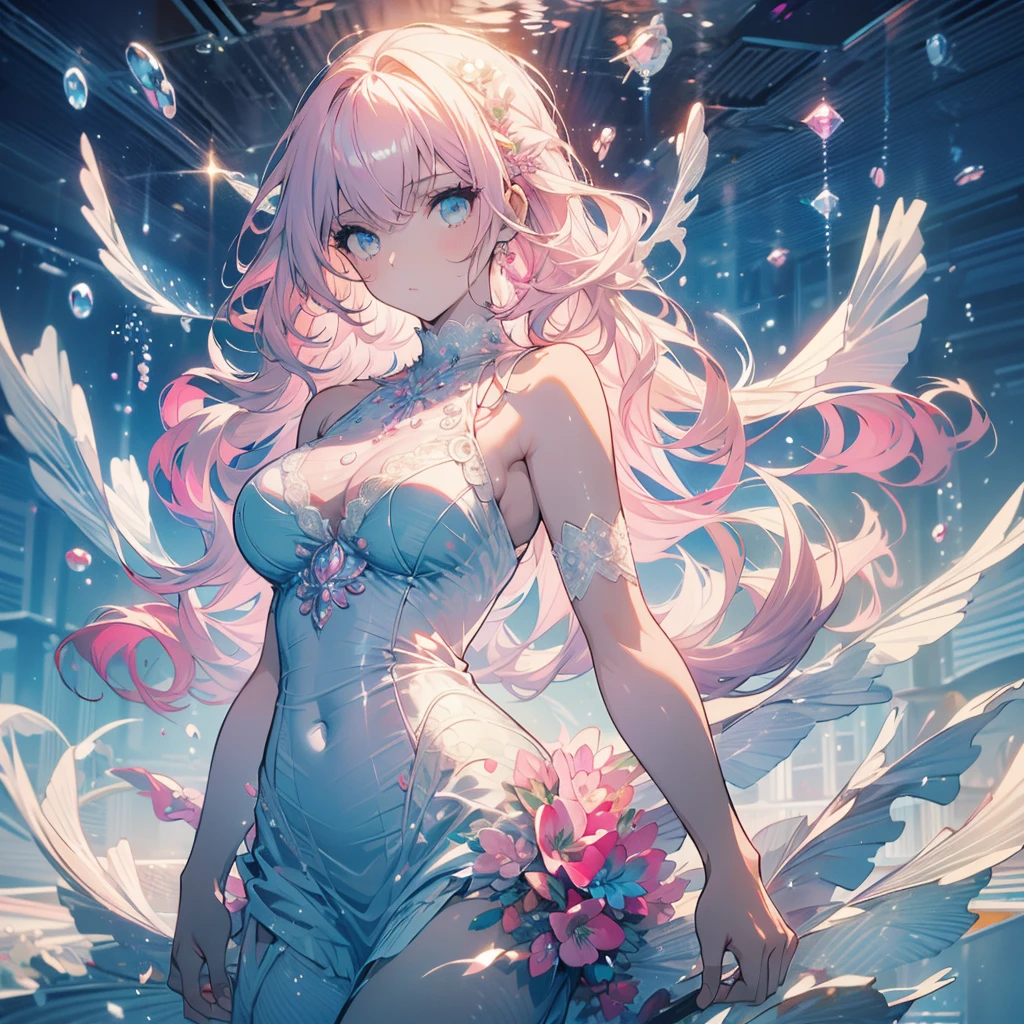 ((masterpiece, best quality)), Delicate face,Pink, Mermaid under the sea,Scales,whole body,Standing picture,Large Breasts,Gradient long wavy hair,Perfect body proportions,beautiful eyes,Extremely beautiful,transparent,Pure white background,Water Ripples,Sexy Lingerie,Lace
