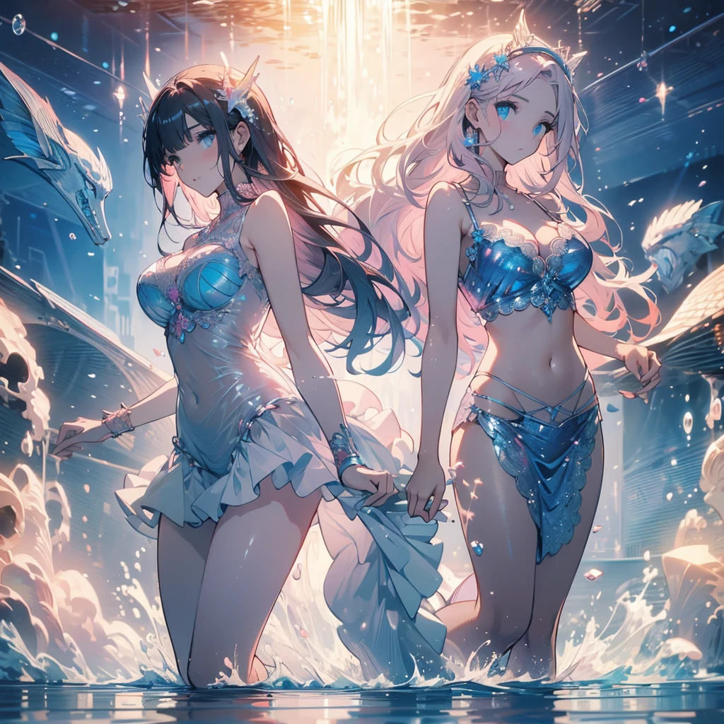 ((masterpiece, best quality)), Delicate face,Pink, Mermaid under the sea,Scales,whole body,Standing picture,Large Breasts,Gradient long wavy hair,Perfect body proportions,beautiful eyes,Extremely beautiful,transparent,Pure white background,Water Ripples,Sexy Lingerie,Lace