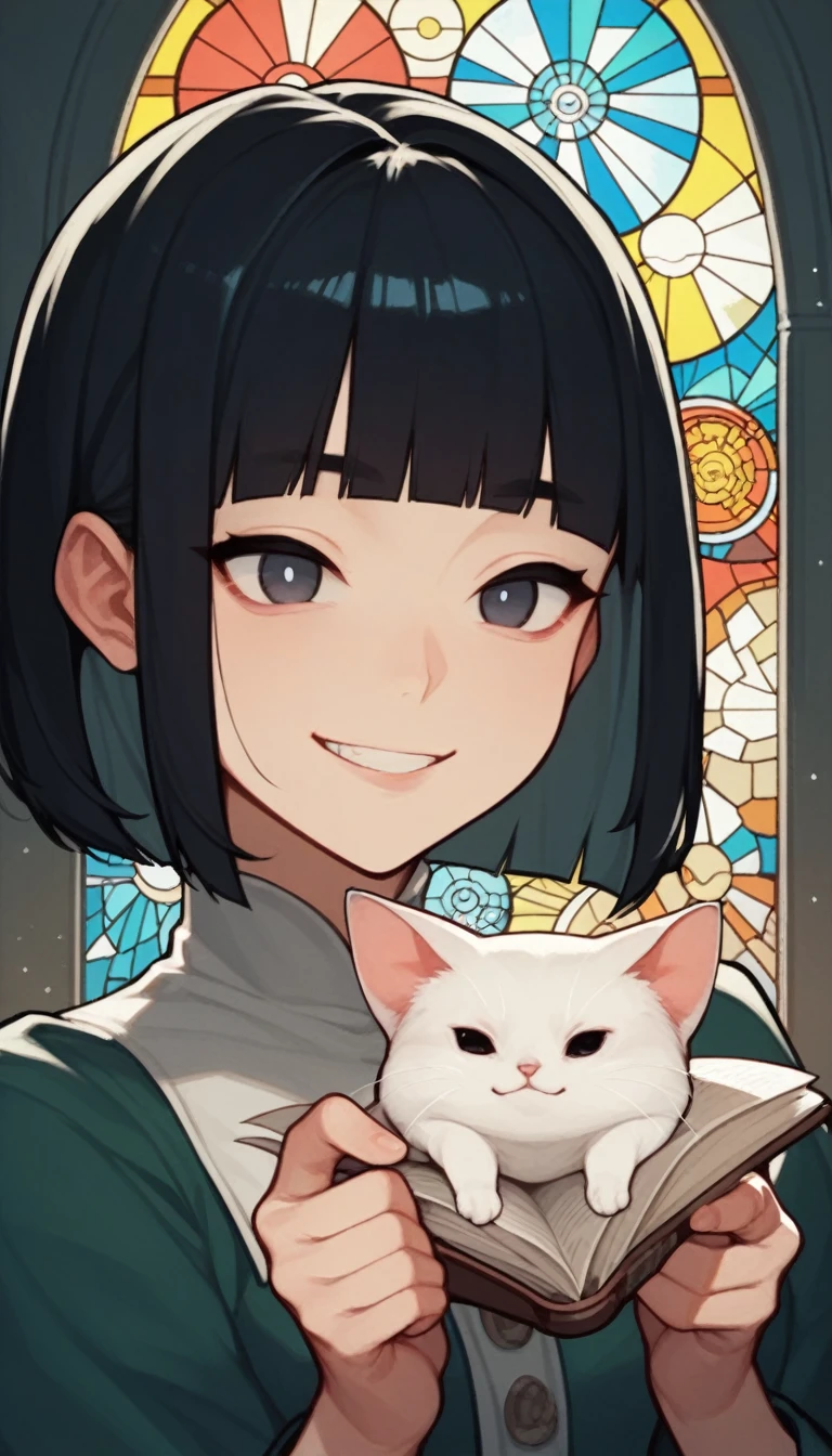 score_9, score_8_up, score_7_up, score_6_up, score_5_up, score_4_up, source_anime, beautiful and cute woman, innkeeper, playing with cats, long face, silvery bob cut, blunt bangs, droopy eyes, smirk, pink cheeks, in a dim forest, faint moonlight, inn entrance with stained glass, simple and simple, slightly scary picture book illustration style