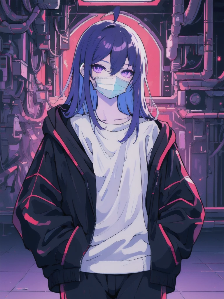 ((masterpiece)), (best quality), ((highres)), 4K, Detailed, (Ambient Light, Digital Art, Soft Lighting, extremely detailed 8K wallpaper:1.2), BREAK 1girl, solo, pale skin, violet eyes, violet hair, ahoge, (absurdly long hair:1.1), flat chest, cyberpunk scenery, black jacket, pants, shirt, night, hand in pocket, looking at viewer, hair between eyes, expressionless, rtx, neon light, black medical mask