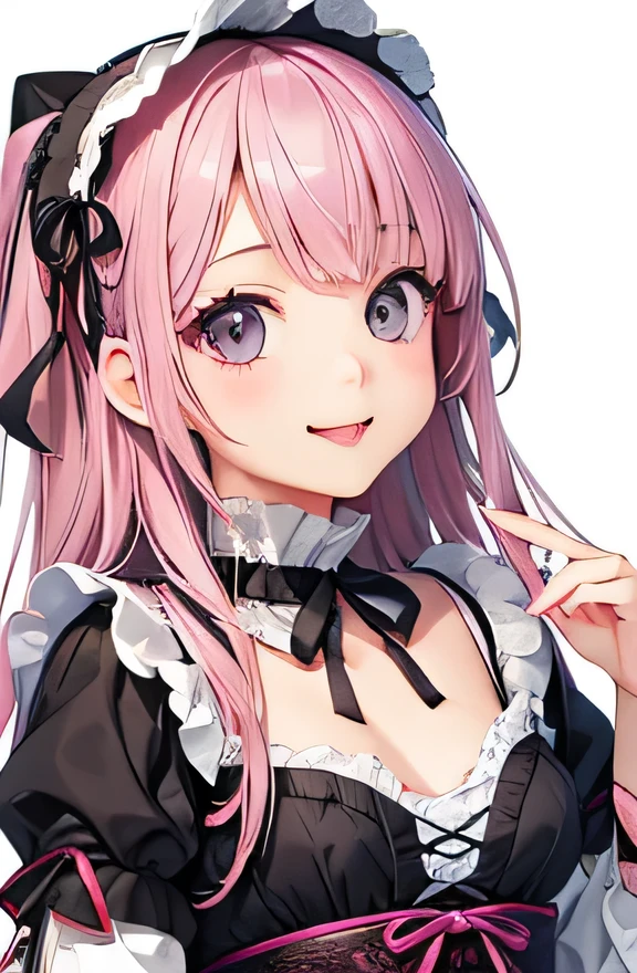 Highest quality、Realistic、Japanese、girl、zoom、look up、cute、Grey Eyes、Princess Cut、Pink Hair、Gothic Lolita、Bust Shot、thin、Small breasts、smile、Sticking out tongue