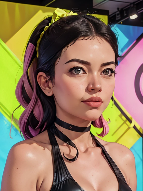 (best quality,highres,masterpiece:1.2), raw photo photorealistic, portrait, photo of beautiful (normal body type:1.1) cute (girl), model posing, (1980s photograph, 1980s monokini, MTV era fashion, bold and vibrant 1980s attire with neon colors, shoulder pads, and statement jewelry, teased hair with colorful scrunchies, (photo studio), standing in front of a retro MTV logo backdrop), soft lighting, perfect hands, realism pushed to extreme, fine texture, incredibly lifelike, bokeh, UHD, masterpiece, high quality, award winning, best quality, highres, 8k, antonio mora and franklin booth, swirling ink, Pentax PZ-1, 35mm f/2, 1/60s, ISO 400, Kodak Gold