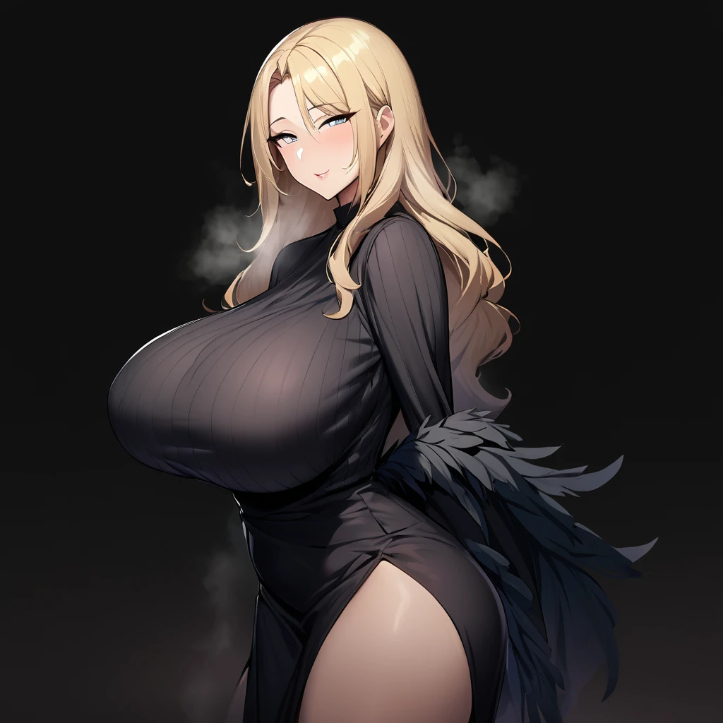 1girl,solo,Mature Women,Females in heat,blonde hair color,long hair,Her hair is tucked back,grey eyes,slanted eyes,super huge breasts,slender,black knit long sleeves,Steam comes out of the body,breath,feather shawl,amorous glance,looking at viewer,near,standing up,black background