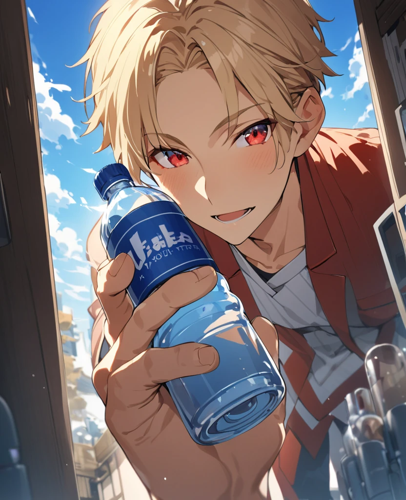 One Man、Blonde、Hairstyle、Shortcutole near the mouth、whole body、Japanese high 、Holding a plastic bottle in your right hand、blue sky, Hair behind the ear, Parted bangs, short hair, tsurime, Red eyes, A light smile, Open your mouth, First Person View, Ultra-high resolution, Very detailed