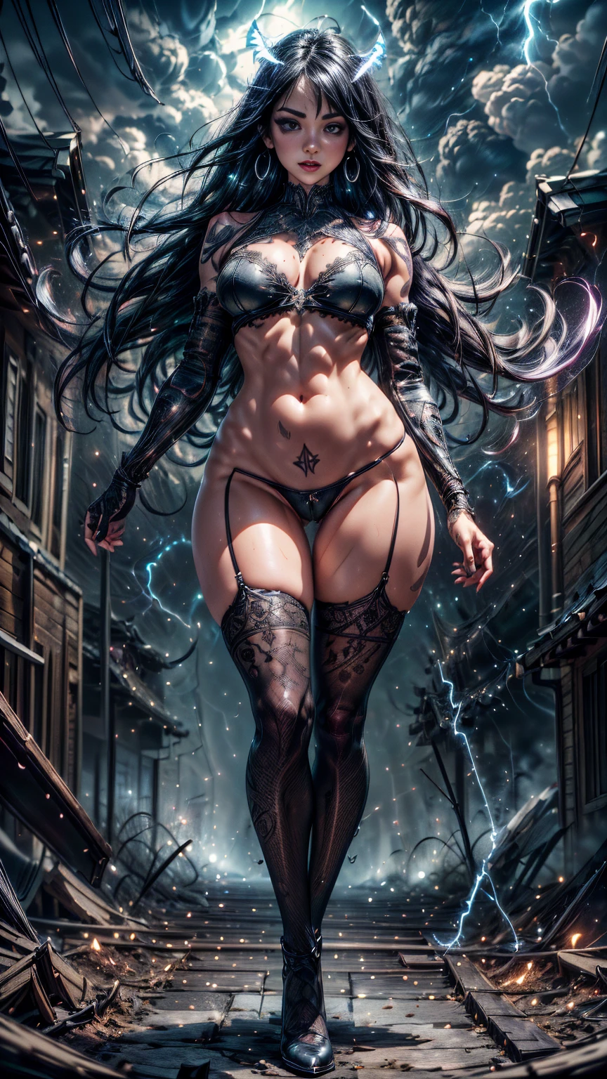 Kneeling with legs spread wide open, lowleg panties, Wind, Full body portrait, bokeh, ((absurdres)), fully demonic succubus, demoness, electrical discharges, lightning from her hands, ((perfect whole body)), action pose, combat stance, ((ultra photorealistic)), Top quality, ((Photorealistic)), ((16k UHD)), High Definition, Unity 8K wallpaper, high res, ultra sharp, ((masterpiece)), best quality, ((intricate details)), busty, curvy hips, sheer lowleg panties (((detailed eyes))), (((perfect face))) (((detailed face))), masterpiece, combat stance with legs spread wide apart, highly detailed exquisite character art, melancholy lighting, (((perfectly detailed anatomy))) (((cinematic light))), ultra-realistic, (((1female))), shaved long white mohawk , blue eyes, gothic outfit, tattoo's, busty, see-through mesh panties, torn stockings, straddling over the viewer, legs spread wide open, black lips, hoop earrings, superpowers, weather witch, commanding the weather, wind, hail, lightning, clouds, avalanche, rain, thunder, flying, plump lips,