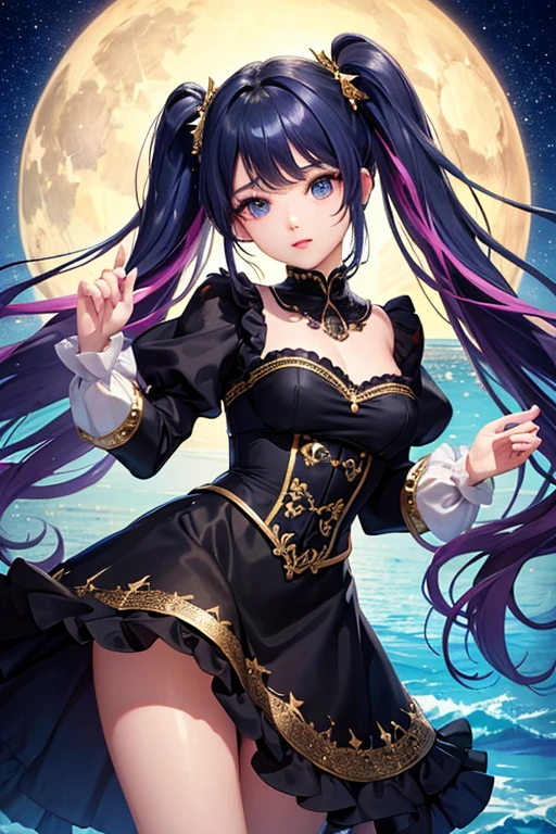 Highest quality、Highest quality、Masterpiece、woman１people、Black shiny decollete dress、Golden embroidery、Frill mini skirt dress、Perfect body line、Adorable poses、Realistic、Glowing Skin、Groomed eyebrows、Pink Lips、Blue Eyes、Twin tails、Pink Hair、delicate、Shiny Hair、detailed、Skirt in the wind、White frills、The background is the starry sky and the sea、Flip-up skirt