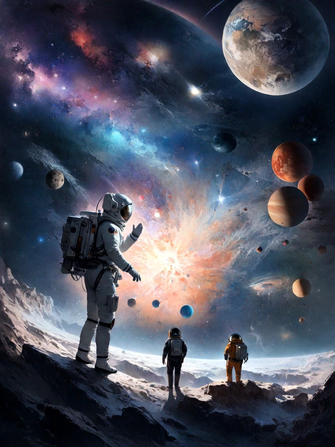 (best quality,4K,8K,high resolution,masterpiece:1.2),Very detailed,(Realist,fotorRealist,fotorRealist:1.37),Planet Art,Solar System,Night Sky,Shining stars,Cosmic miracles,Celestial Bodies,moving planet,orbiting the planet,space exploration,astronomy,Interstellar Travel,Exoplanets,Alien World,Distant galaxies,nebula,Star Nursery,Starburst,Milky Way,Interstellar Journey,space dust,The space-time continuum,dark matter,Revealing the Universe,Infinite beauty,Celestial Bodies写真,Galaxy Quest,Mysterious universe,Cosmic Energy,Explore the unknown,constellation,Celestial Bodies航法,Stellar Dynamics,Deep space exploration,Space Landscape,astronaut&#39;the opinion of,The Vast Universe,Wonderful scenery,Distant Horizon,Bright space,Pulsating Star,Space Ballet,Moon surface,A vision of another world,Mysterious space,A fascinating universe,The Expanding Universe,Colorful Northern Lights