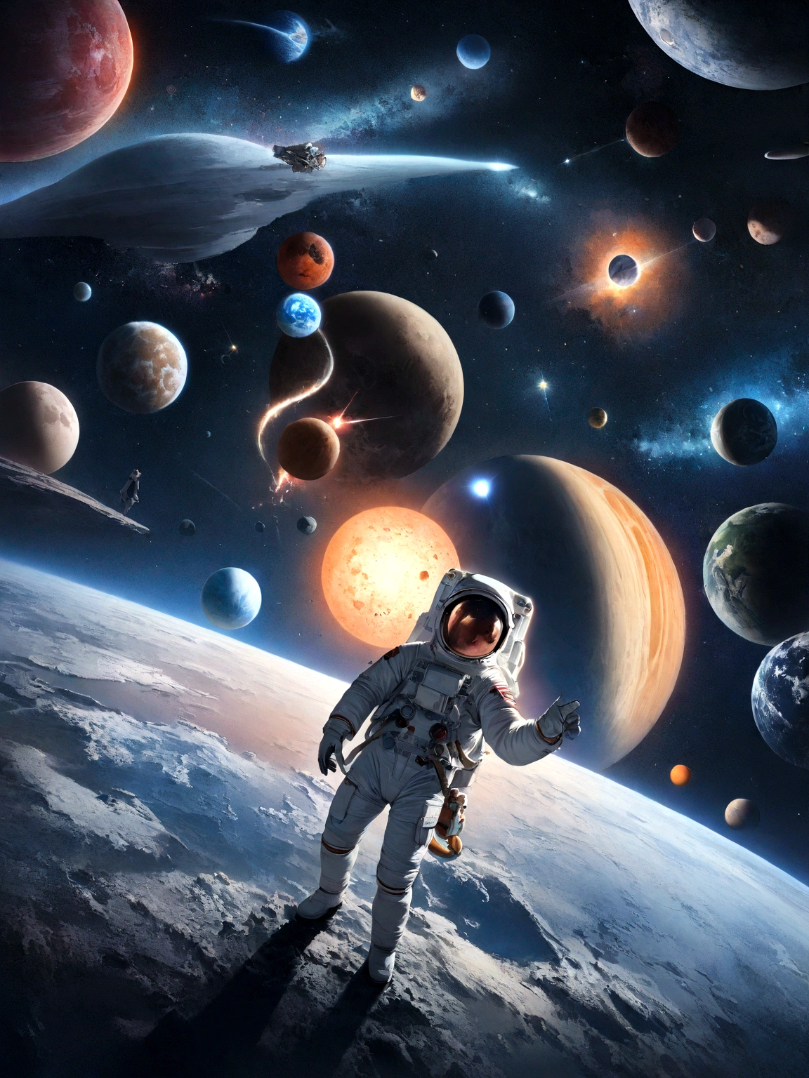 (best quality,4K,8K,high resolution,masterpiece:1.2),Very detailed,(Realist,fotorRealist,fotorRealist:1.37),Planet Art,Solar System,Night Sky,Shining stars,Cosmic miracles,Celestial Bodies,moving planet,orbiting the planet,space exploration,astronomy,Interstellar Travel,Exoplanets,Alien World,Distant galaxies,nebula,Star Nursery,Starburst,Milky Way,Interstellar Journey,space dust,The space-time continuum,dark matter,Revealing the Universe,Infinite beauty,Celestial Bodies写真,Galaxy Quest,Mysterious universe,Cosmic Energy,Explore the unknown,constellation,Celestial Bodies航法,Stellar Dynamics,Deep space exploration,Space Landscape,astronaut'the opinion of,The Vast Universe,Wonderful scenery,Distant Horizon,Bright space,Pulsating Star,Space Ballet,Moon surface,A vision of another world,Mysterious space,A fascinating universe,The Expanding Universe,Colorful Northern Lights