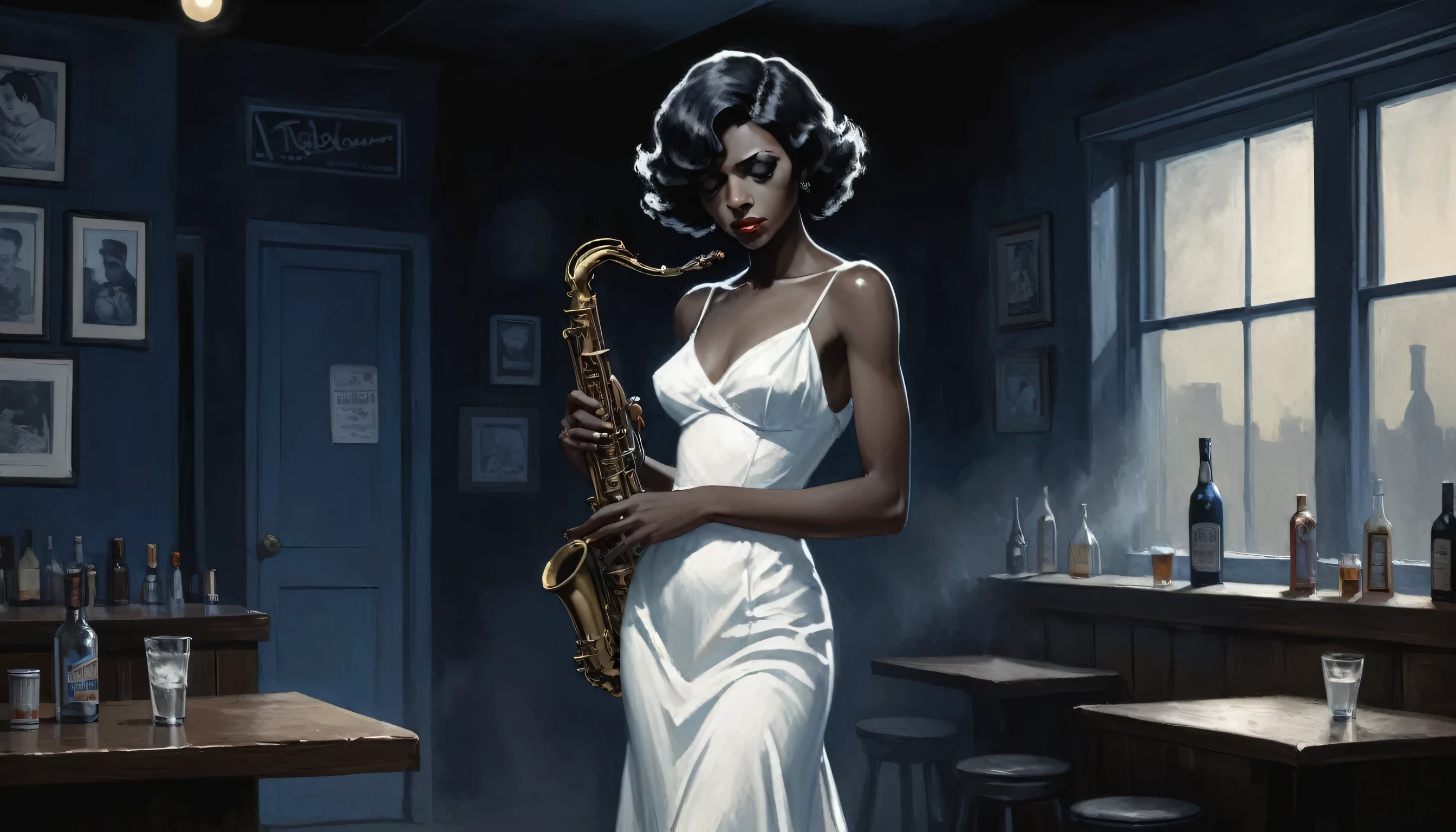 robert johnson, gritty, alabama bar, blue note, charismatic , white dress, illustration, noir fantasy, lone spanish lady, sad ending, saxophonist