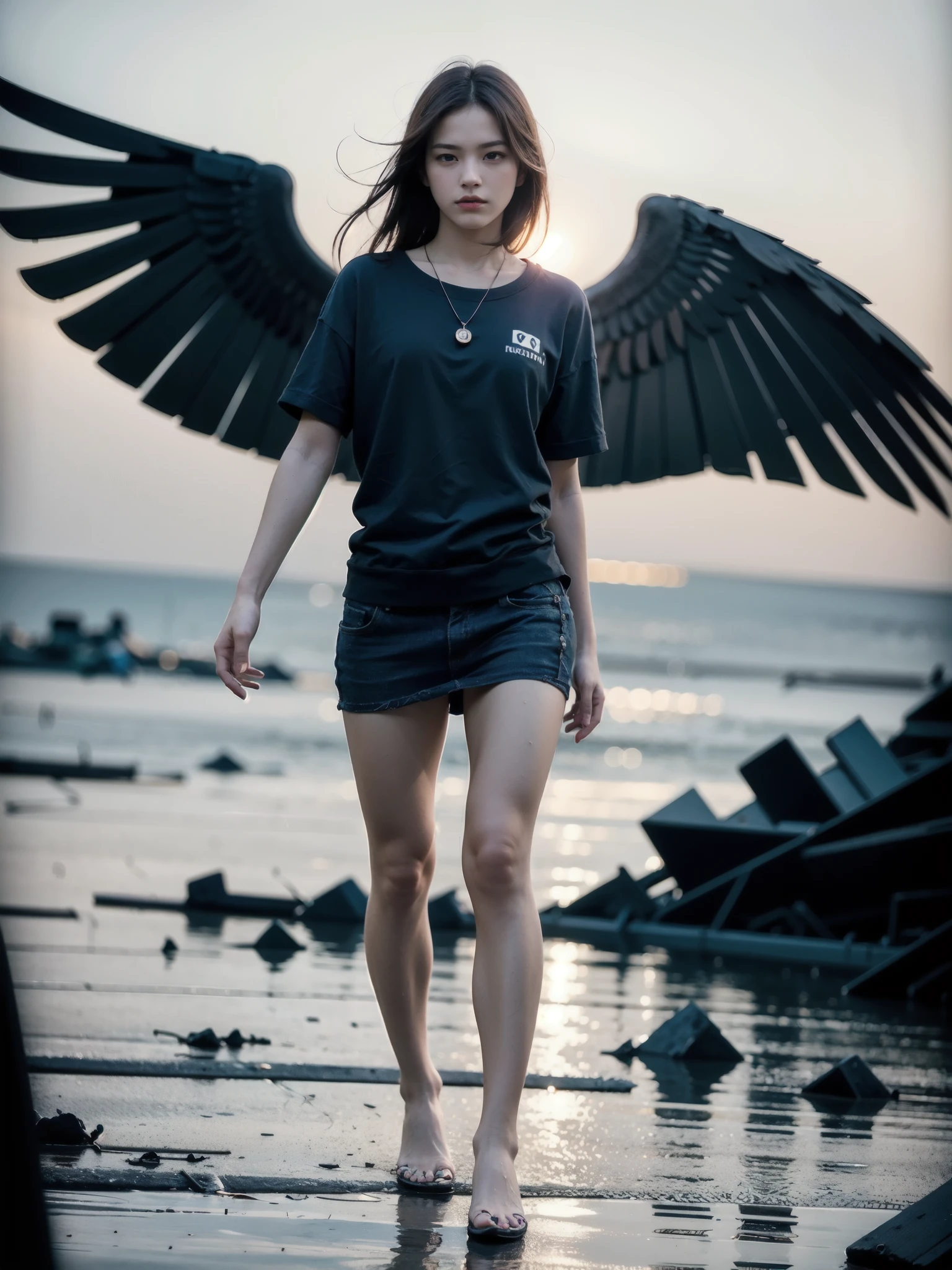 A handsome man, with wings, flying above the sky, visual effect, a man is carrying a woman wearing cloth, in both hands, with the background, a destroyed city, which is filled with murky water, and debris, flowing fast, like tsunami, realistic 3D art. [8K, Best Quality, Masterpiece, Ultra High Resolution, (highly detailed CG unity 8k wallpaper), (best photo), (best shadows), isometric 3D, octane rendering, ray tracing, highly detailed, (wide panoramic view: 1.1), (Best quality, 4K, 8k, A high resolution, masterpiece:1.2), absurdity, masterpiece, ultra detailed, (realistic, photorealistic, photorealistic:1.37), complex parts, HDR, (complex parts:1.12), (hyper detailed, hyper realistic, Soft lighting, spicy:1.2), (complex parts, Hyper detailed:1.15). Blurred foreground. (backlit), realistic, masterpiece, high quality, brightness, chromatic aberration, by Jeremy Lipking, 8k uhd, some smoke, shadows, contrast, clear sky, (warm hue, warm tone), high details, natural reflections].