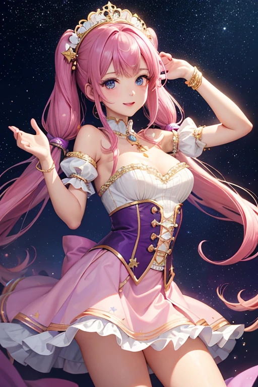 Highest quality、Highest quality、Masterpiece、woman１people、Purple shiny decollete dress、Golden embroidery、Frill mini skirt dress、Perfect body line、Adorable poses、Realistic、Glowing Skin、Groomed eyebrows、Pink Lips、Pink Hair、Blue Eyes、Twin tails、delicate、Shiny Hair、detailed、Skirt in the wind、White frills、The background is the starry sky and the sea