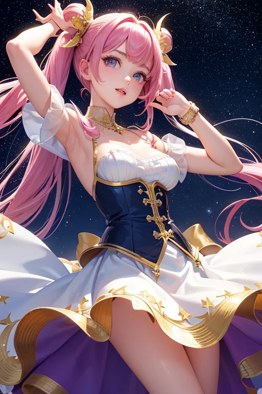 (tmasterpiece:1.2),Best quality at best,perfect anatomia,The is very detailed,1girll,Solo, A high resolution,absurderes,tmasterpiece,looking at viewert,Character Spotlight,A pink-haired,Golden eyes,short skirt,singers,Stage,There are lights on it,Hold the microphone,sing