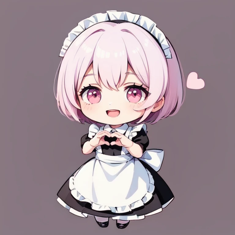 ((Highest quality)), ((masterpiece)), (detailed), Perfect Face, Perfect Arms, anime, Ultra-fine illustration, ((1 person)), ((Chibi Character)), Cute girl, ((Maid)), (Heart Hands, with own hands:1.3), smile, Open your mouth, Pink Hair, Pink Eyes, Full Body Shot,