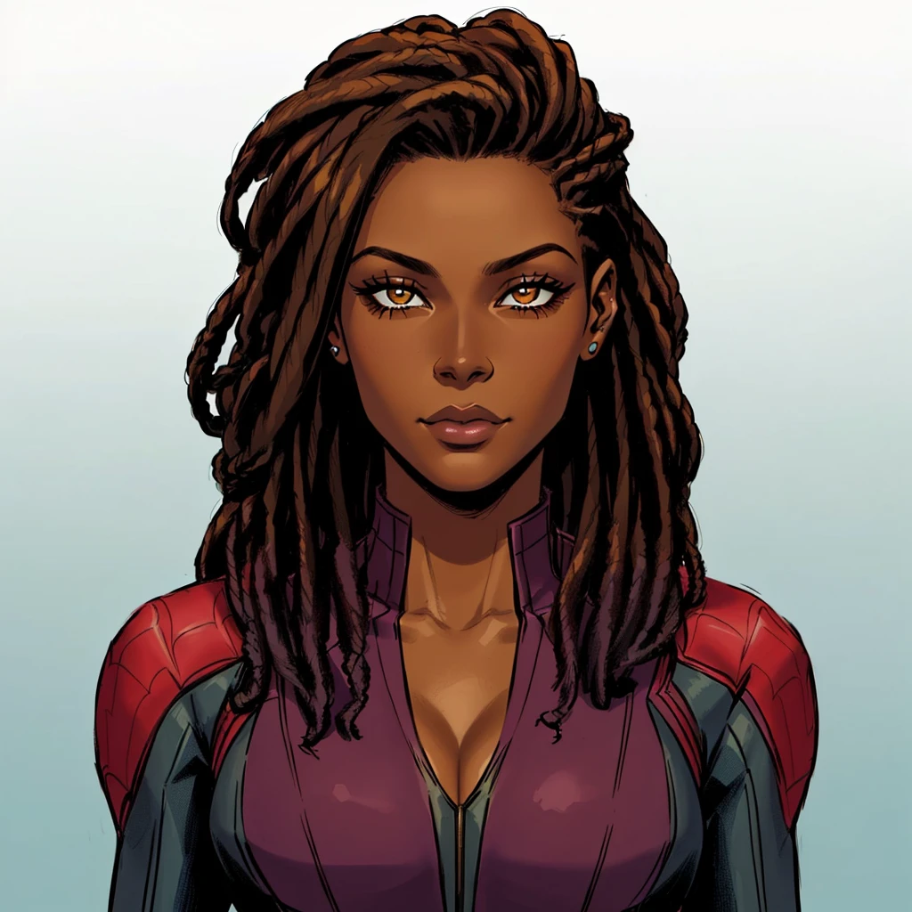 a close up of a woman with dreadlocks and a suit, inspired by Daphne Allen, dinah drake, portrait of ororo munroe, ( ( dark skin ) ), ( ( spiderwoman ) ), full color illustration, amanda clarke, phil noto, wanda maximoff, colored illustration, textless, olive skinned, afrofuturistic, julie dillon