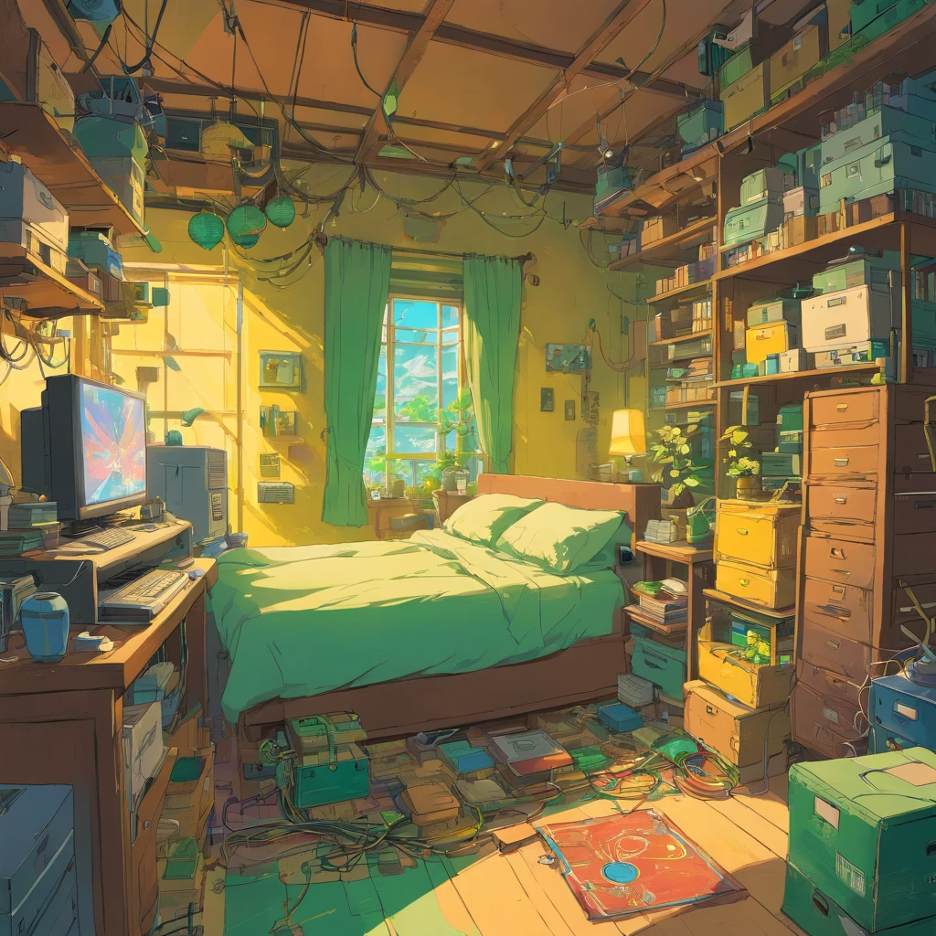 a chaotic and abstract indie album cover depicting a room filled with boxes and a fan, wrapped in wires and connections, inspired by Asaf Hanuka's style, with a yellow and green color scheme. The scene should convey a sense of despair and busyness, with elements of piones, spiderwebs, and a subtle reference to Python programming. The overall atmosphere should capture the frequency and vibe of a psytrance artwork, with a touch of interconnections and the feeling of being in a lab.