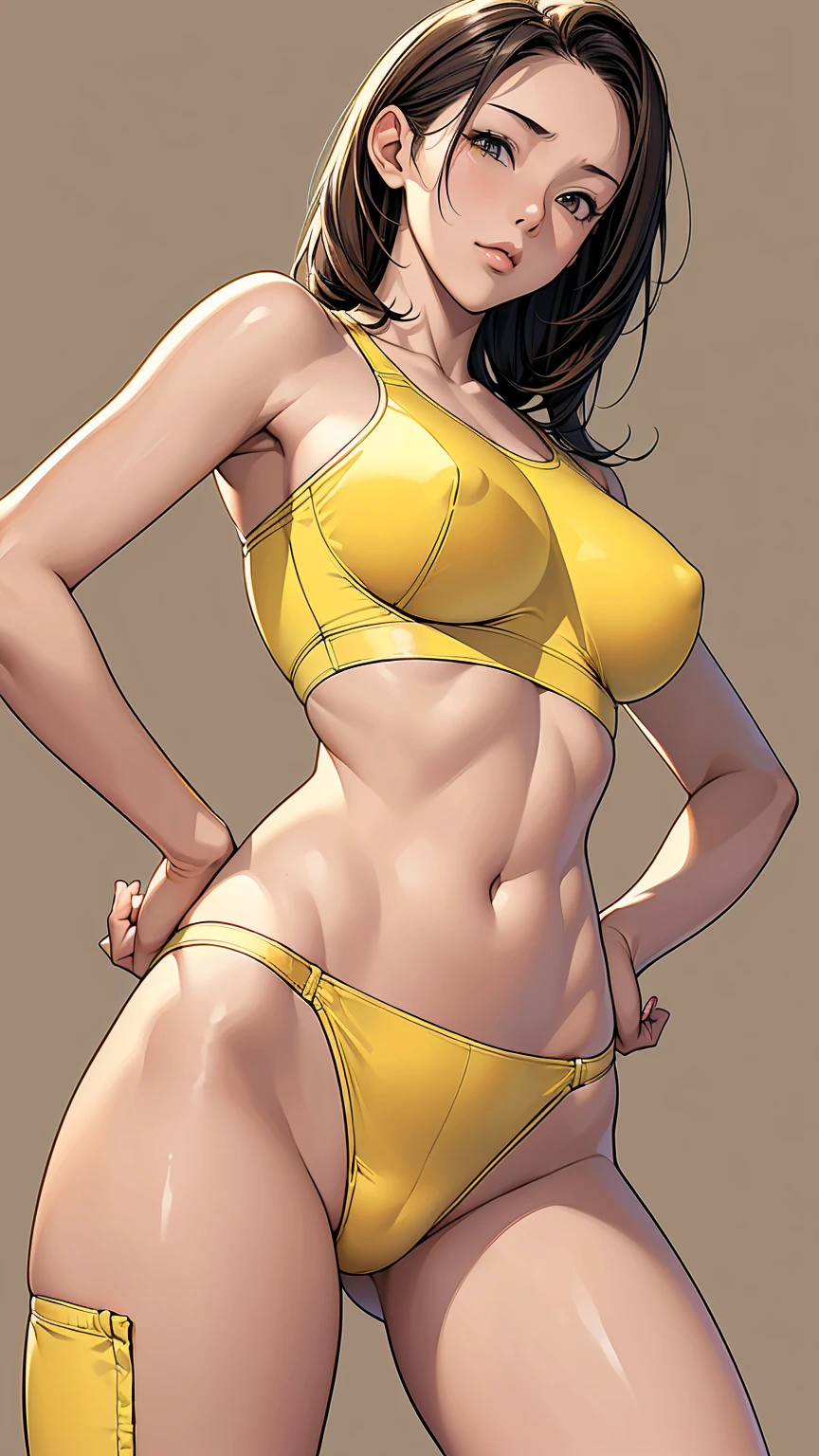 16K、masterpiece、High resolution、((18-year-old female))、Very large breasts、(((thin, A skin-tight yellow sports bra))、((黄くthinスポーツレギンス))、Captivating look、((Please put your hands on your hips))、Very close、Angle from below
