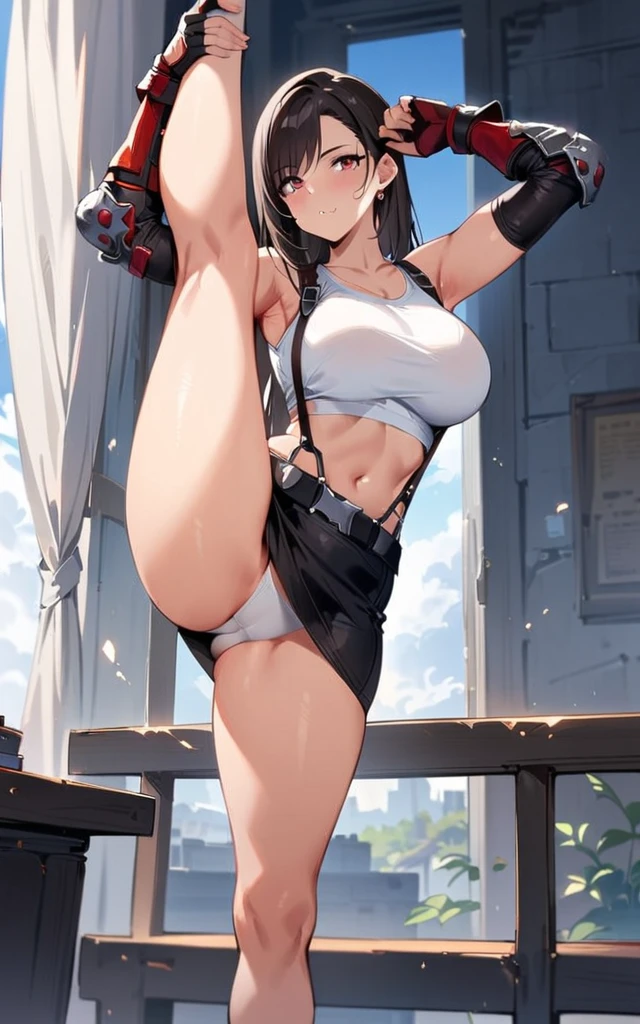 (masterpiece, best quality:1.2), 1girl, solo,standing_split, full body,
tifa lockhart, final fantasy, white crop top, elbow pad, fingerless gloves, suspenders, pencil skirt, white tshirt, sexy look, short skirt, miniskirt, pencil skirt