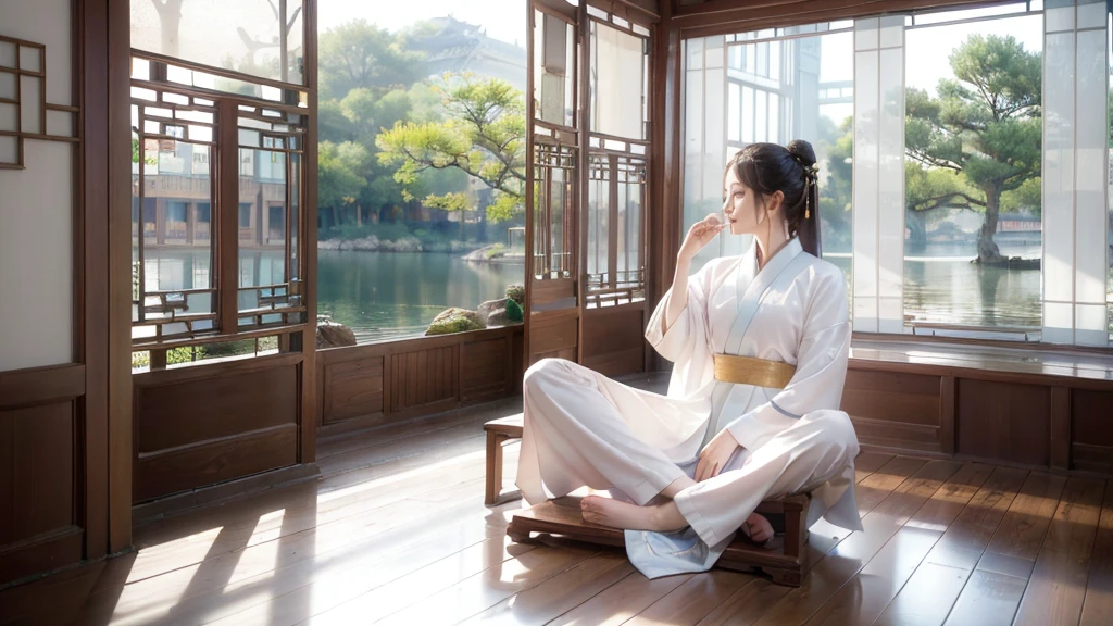 (masterpiece:1.3),(best quality:1.2),8K,absurd,unity 8K wallpapper,(Extremely detailed:1.3),Maximum resolution, (1 Girl:1.2),sit,looking off to the side,,ancient_Chinese_indoors,(window:1.3),indoors,(patio:1.3),Sunlight, (Purpose),Vague,curtain,Tree,plant,transparent,(Trees out of the window:1.2),(translucent:1.2),,Hanfu,Wooden floor, water,lake,lotus,foot,mist,Trees,architecture,(赤foot:1.2),