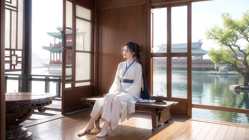 (masterpiece:1.3),(best quality:1.2),8K,absurd,unity 8K wallpapper,(Extremely detailed:1.3),Maximum resolution, (1 Girl:1.2),sit,looking off to the side,,ancient_Chinese_indoors,(window:1.3),indoors,(patio:1.3),Sunlight, (Purpose),Vague,curtain,Tree,plant,transparent,(Trees out of the window:1.2),(translucent:1.2),,Hanfu,Wooden floor, water,lake,lotus,foot,mist,Trees,architecture,(赤foot:1.2),