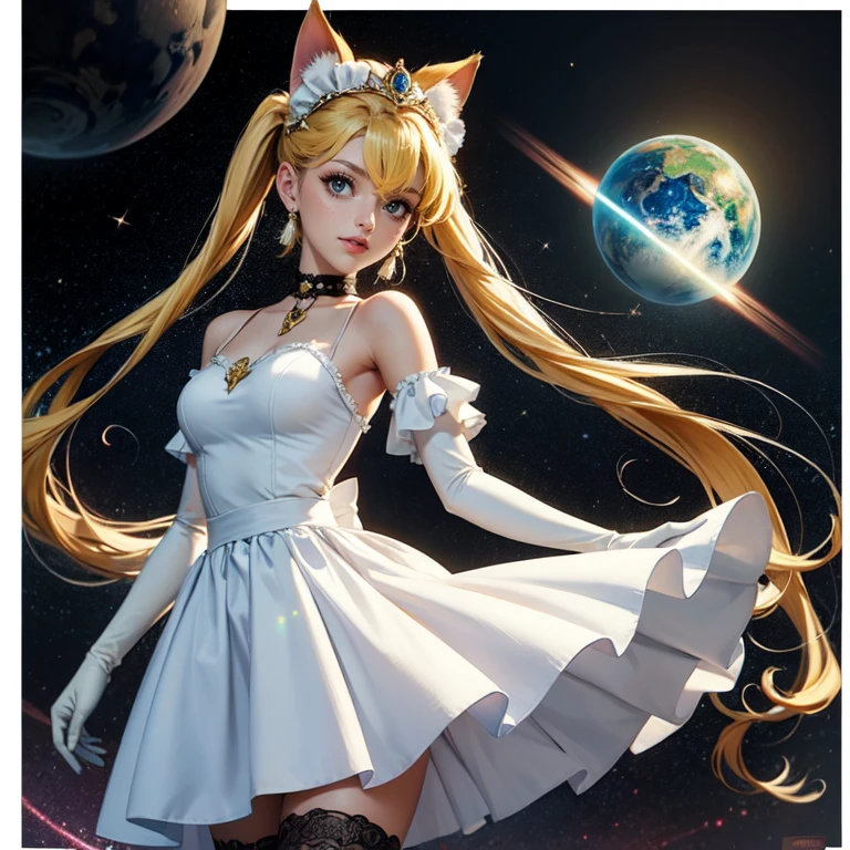 1girl, white maid dress, jewelry, blonde hair, flowing hair, long hair, twintails, white maid dress with a short skirt and layers, red laces, red boots, white dress with transparency, gold details on her clothes, cat ears, animal ears,  more details, perfectly body, perfectly hands, two hands, two legs, two arms, five fingers, glowing hair, best quality, tiara, cat ears, tail ornament, tail bow, white gloves, two cat tail, alone, maid headdress, choker, detached sleeves, maid dress, maid white dress, strapless, masterpeice, best quality, detailed face, night, asymmetrical gloves, bangs, white short skirt, earrings, elbow gloves, fishnet thighhighs, fishmasterpeice, solo, best quality, detailed face, gloves, hair between eyes, jewelry, looking at viewer, single earring, sky, sleeveless, solo, thigh boots, thighhighs, tongue, tongue out, uneven gloves, solo, alone, Looking at the viewer, More details on the clothes, magenta roses on her hair, space scenery, maid, maid dress, magenta details, magenta roses, maid headdress, maid apron, wave hair, seat on the Saturn rings, more details on her clothes, gold details on her clothes, space, smiling, standing her hand to a viewer, looking at the viewer, in the background a several asteroids glowing with fiery auras, Dramatic lighting from distant stars and planets illuminates the scene, looking at the vast and mysterious universe, cowboy shot, upper body portrait, more details, sparkle,