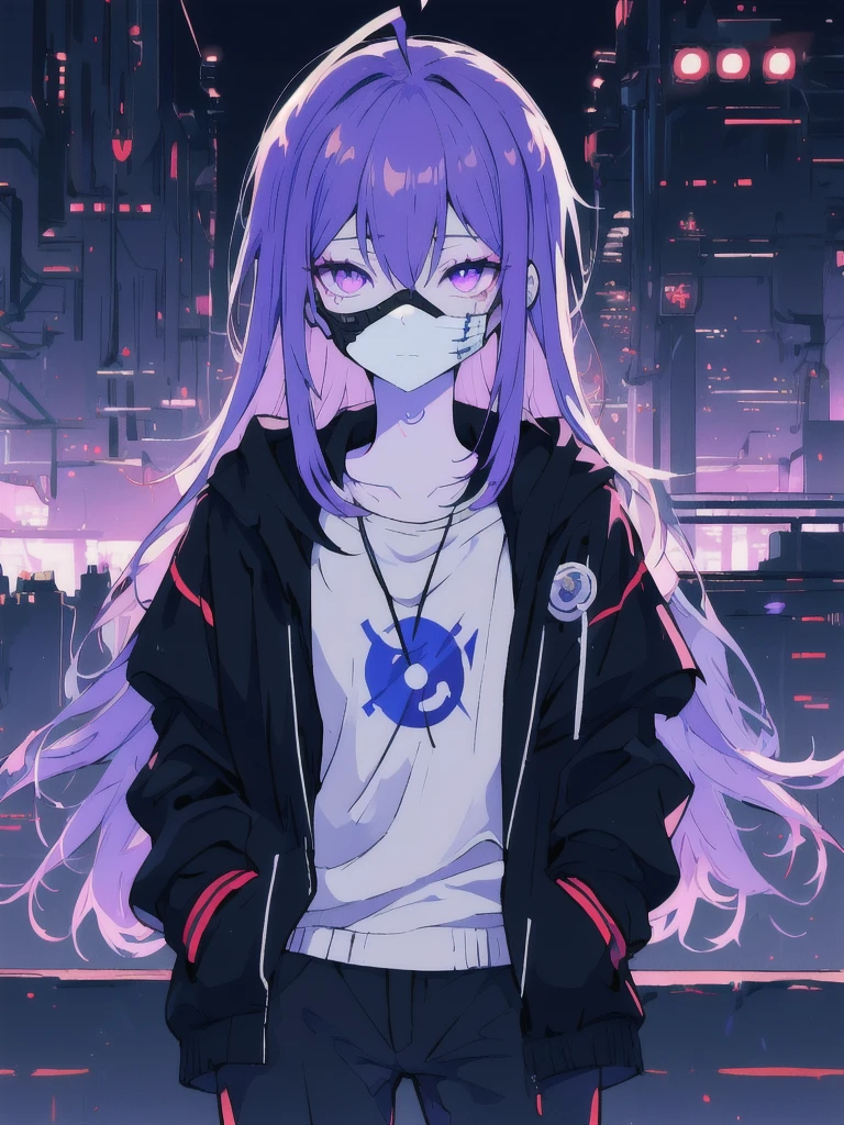 ((masterpiece)), (best quality), ((highres)), 4K, Detailed, (Ambient Light, Digital Art, Soft Lighting, extremely detailed 8K wallpaper:1.2), BREAK 1girl, solo, pale skin, violet eyes, violet hair, ahoge, (absurdly long hair:1.1), flat chest, cyberpunk scenery, black jacket, pants, shirt, night, hand in pocket, looking at viewer, hair between eyes, expressionless, rtx, neon light, black medical mask