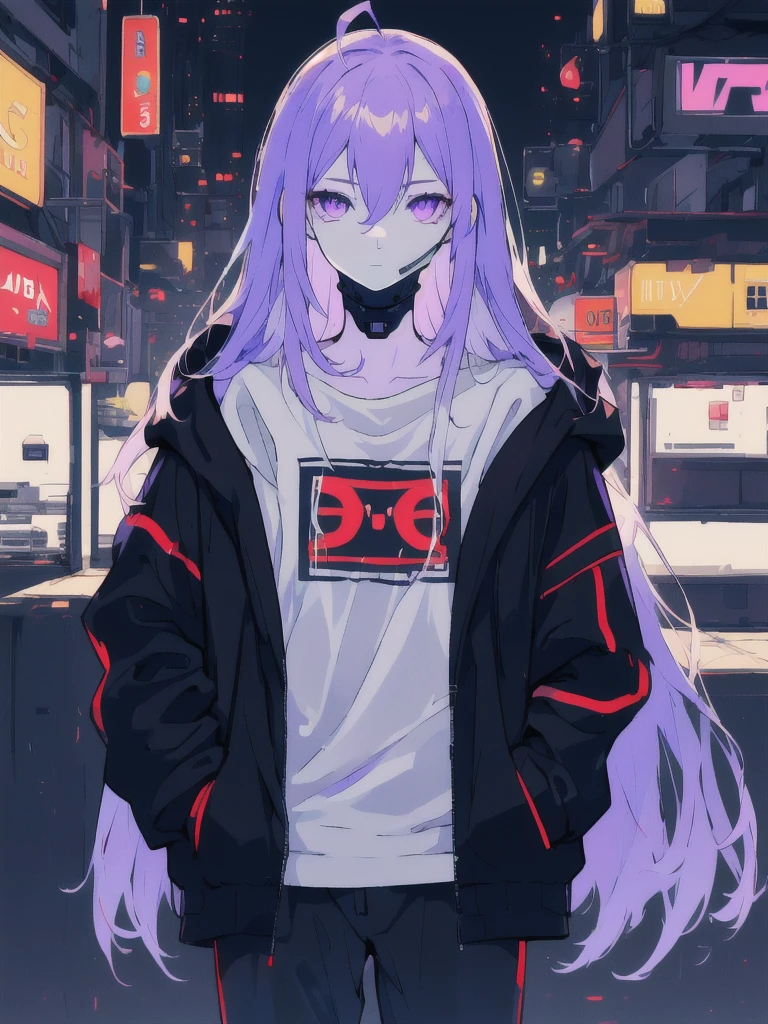 ((masterpiece)), (best quality), ((highres)), 4K, Detailed, (Ambient Light, Digital Art, Soft Lighting, extremely detailed 8K wallpaper:1.2), BREAK 1girl, solo, pale skin, violet eyes, violet hair, ahoge, (absurdly long hair:1.1), flat chest, cyberpunk scenery, black jacket, pants, shirt, night, hand in pocket, looking at viewer, hair between eyes, expressionless, rtx, neon light, black medical mask