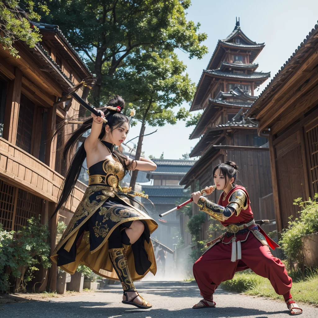 Upscale 35mm lens profesional photography of beautiful Realistic Ghibli Style woman in Versace Samurai Mechan Armor.
Ninja Pose, kicking and Punch, jump, Aerobik, Dinamic pose, hyper pose,
UHD, 32k