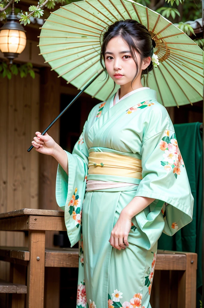 Women, (wearing green kimono_clothes: 1.3),雨が降っている、 holding an umbrella, holiday
Good hands, 4K, high resolution, masterpiece, top quality, head: 1.3, (((Hasselblad photo)), middle chest, fine skin, sharp focus, (film lighting), night, soft lighting, dynamic angle, [:( detail face: 1.2):0.2], medium chest, outside,