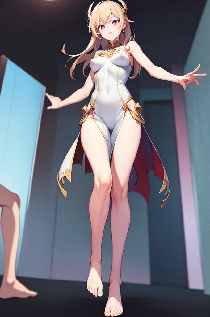 32k, best quality, ultra high res, HDR, UHD, extremely detailed CG, unity 32k wallpaper, (masterpiece, highest quality:1.2), 1 Girl, , alone,Are standing_Split, Long Hair, White Hair, White leotard, Frills,