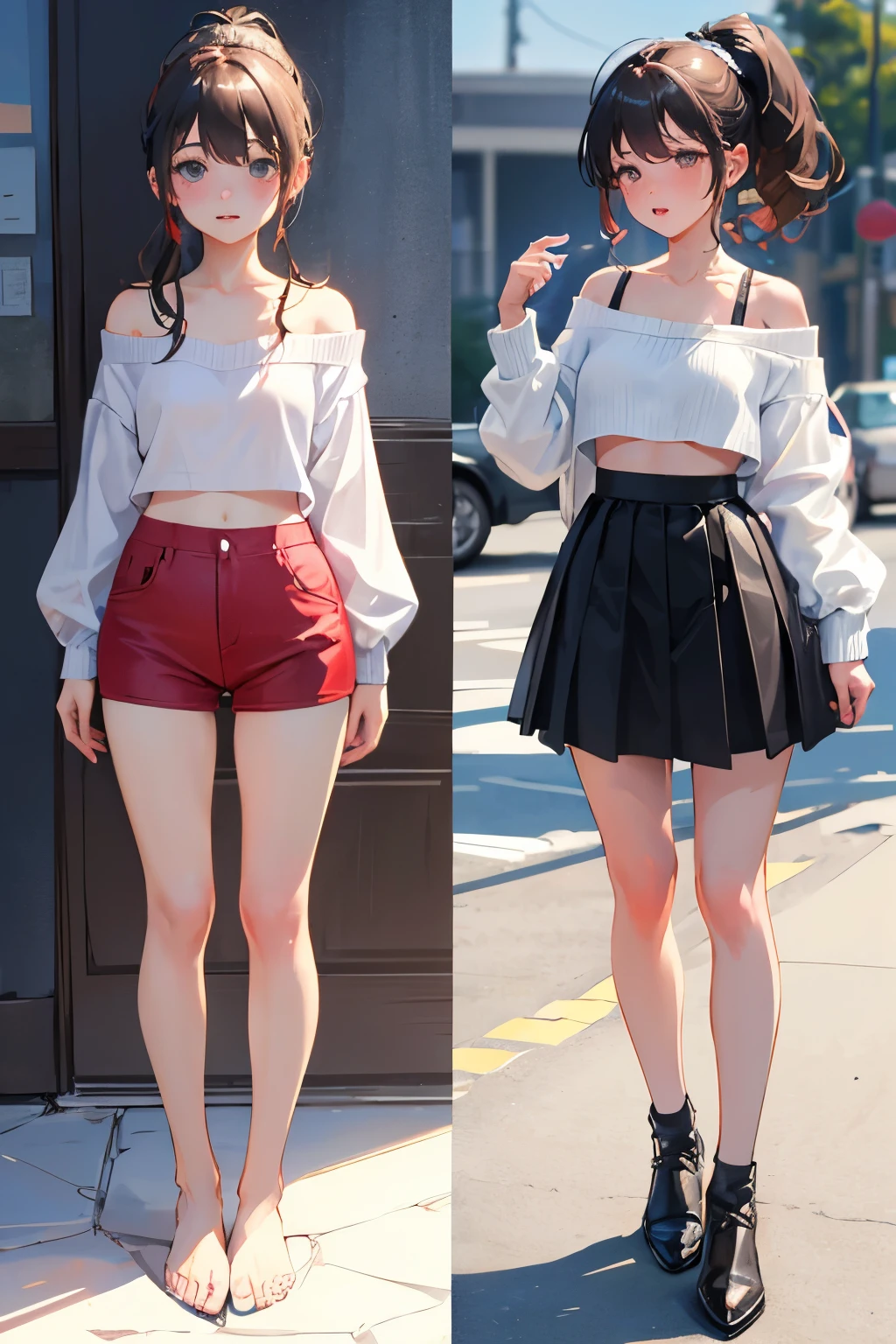((best quality)), ((masterpiece)), (detailed), 1girl, off-shoulder sweater, NSFW, small breasts, prominent collarbones, skinny arms, flat stomach, visible hip bones, ponytail, thick ponytail, heavy ponytail, red and white clothing, caught changing, embarrassed, full body, whole body, body, NSFW, full body, whole body, head-to-toe NSFW