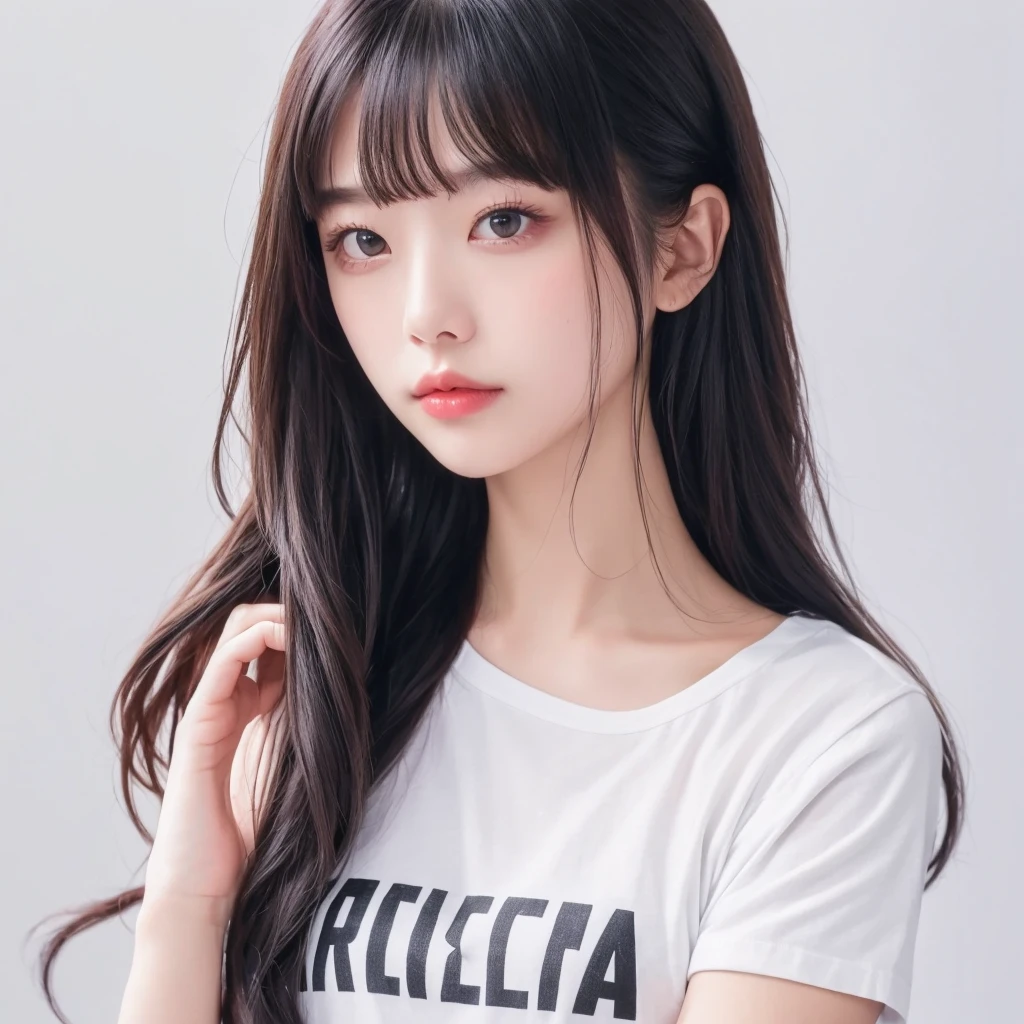 woman, body hairstyle, long style, bob length, soft curl, integrated into face line bangs, black hair, Nikon Z7 II Mirrorless Camera, 120mm F/4 wide-angle lens, best quality, masterpiece, ultra detailed, flowing, 3dmm, ink sketch, color ink, ink rendering, octane render, pastels, clear face, full hairstyle, white background, only show face and neck, white t-shirt, the face is centered and looking directly forward, ID photo style