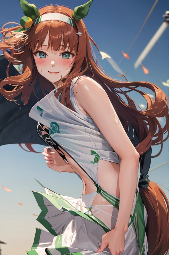 (sexy dance show:1.2),(wind lift:2.0),silence suzuka \(umamusume\),good anatomy, masterpiece, best quality,realistic, hyperrealistic, 16k hdr,(red blush,smile:1.2),(Live Stage:1.3),(see through costume:1.2),Stage costumes,Horse tail,ultra miniskirt,navel,micro panties,show off clearvage,erected nipples,sweat,large breasts,upper body,strong wing And between open leg