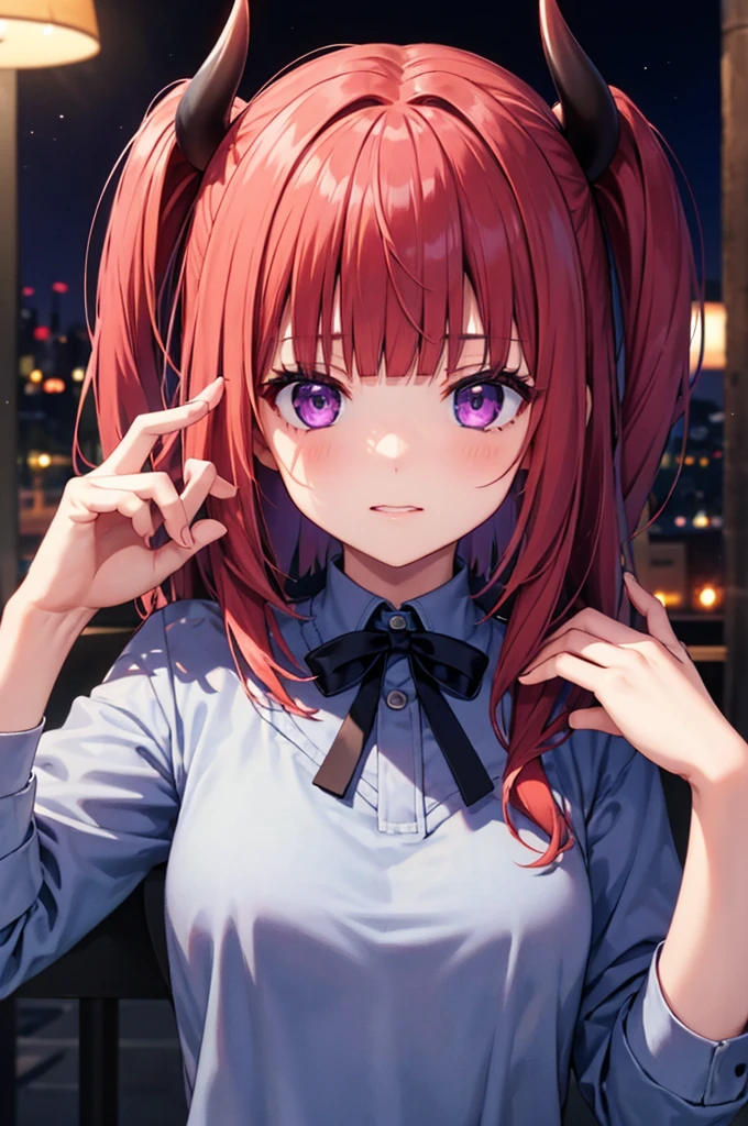 1 girl, alone,Red hair, sharp face,purple eyes, blunt bangs, devil