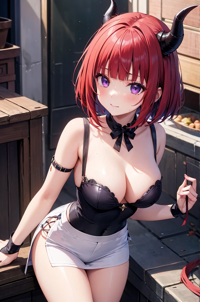 1 girl, alone,Red hair, sharp face,purple eyes, blunt bangs, devil