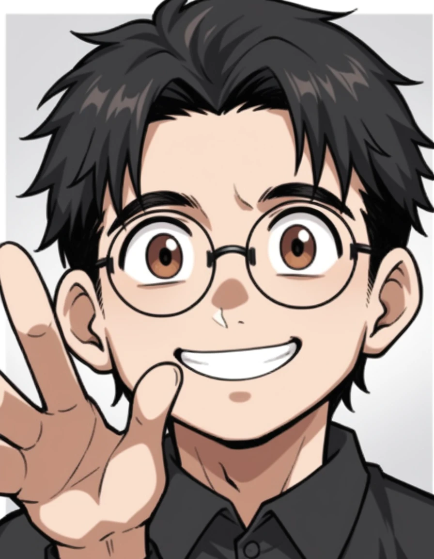 score_9, score_8, One boy,adult, round face,Wearing glasses,,Medium build,Black Hair, Brown eyes, Black polo shirt, View your viewers, smile, Upper Body, Little