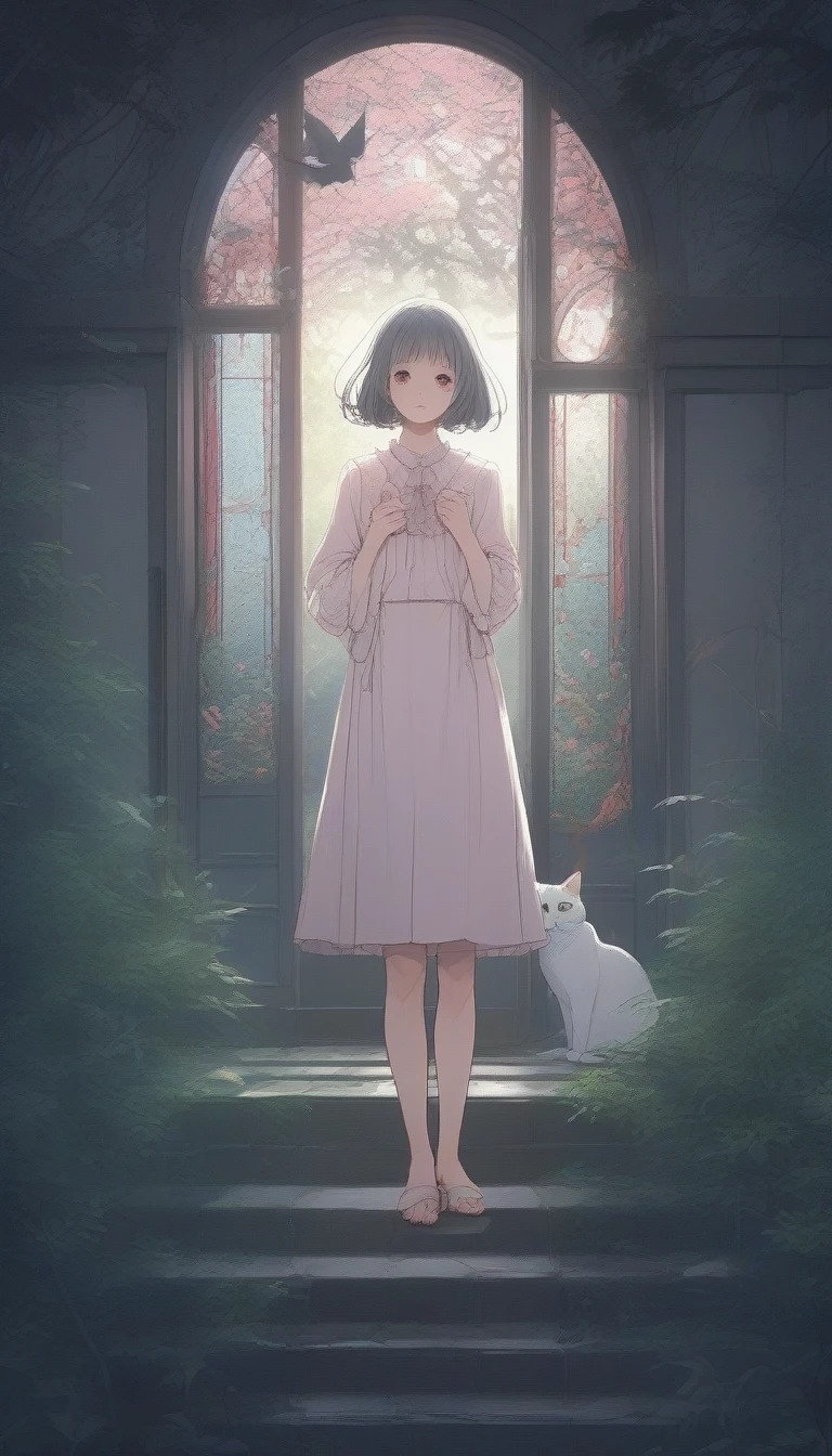 score_9, score_8_up, score_7_up, score_6_up, score_5_up, score_4_up, source_anime, beautiful and cute woman, innkeeper, playing with cats, long face, silvery bob cut, blunt bangs, droopy eyes, smirk, pink cheeks, in a dim forest, faint moonlight, inn entrance with stained glass, simple and simple, slightly scary picture book illustration style